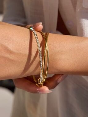 Gold Bangle Bracelet with CZ accents, Stainless Steel and Tarnish free